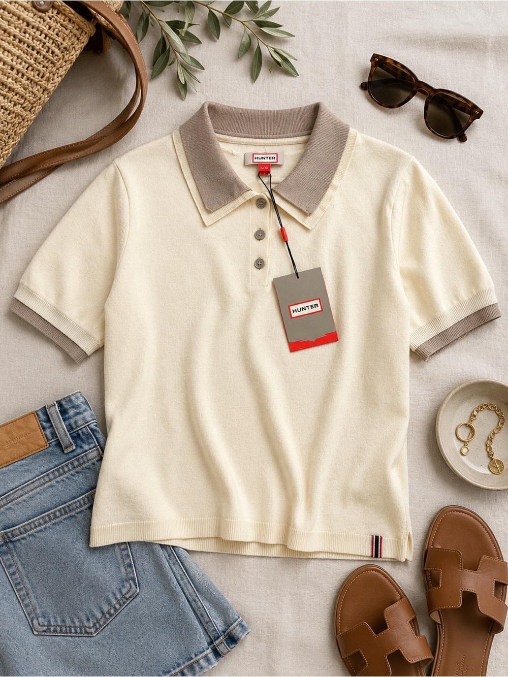 Hunter Contrast Trim Knit Polo Top Chalk Cream Taupe Short Sleeve Collared Shirt - Picture 2 of 7